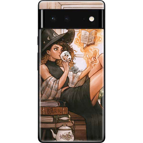 Cozy Autumn Library Witch with Cat and Coffee by Ivy Dolamore Google Pixel 6 Skin